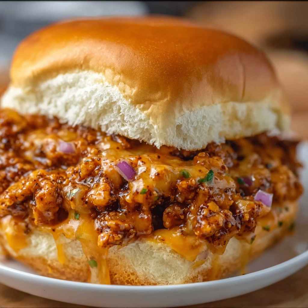 Cajun Chicken Sloppy Joes - succulent simmered chicken smothered in rich pan sauce with fresh rosemary sprigs and pan drippings