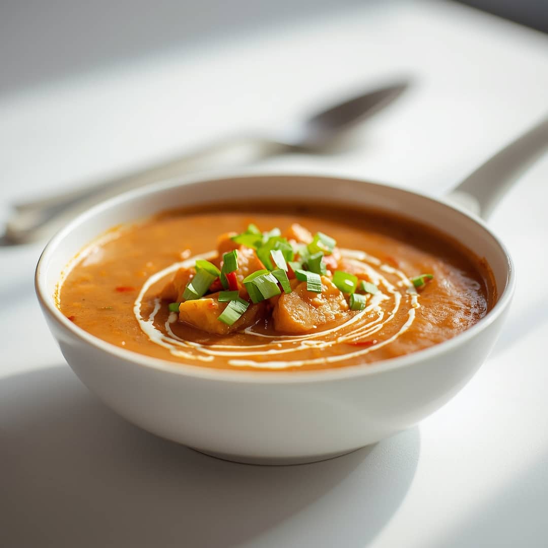 Cajun Potato Soup - steaming with a swirl of cream and cracked black pepper