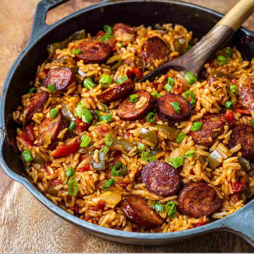 Cajun Sausage and Rice Skillet - tender slow-cooked meat with deep savory glaze with fresh parsley and cracked peppercorns