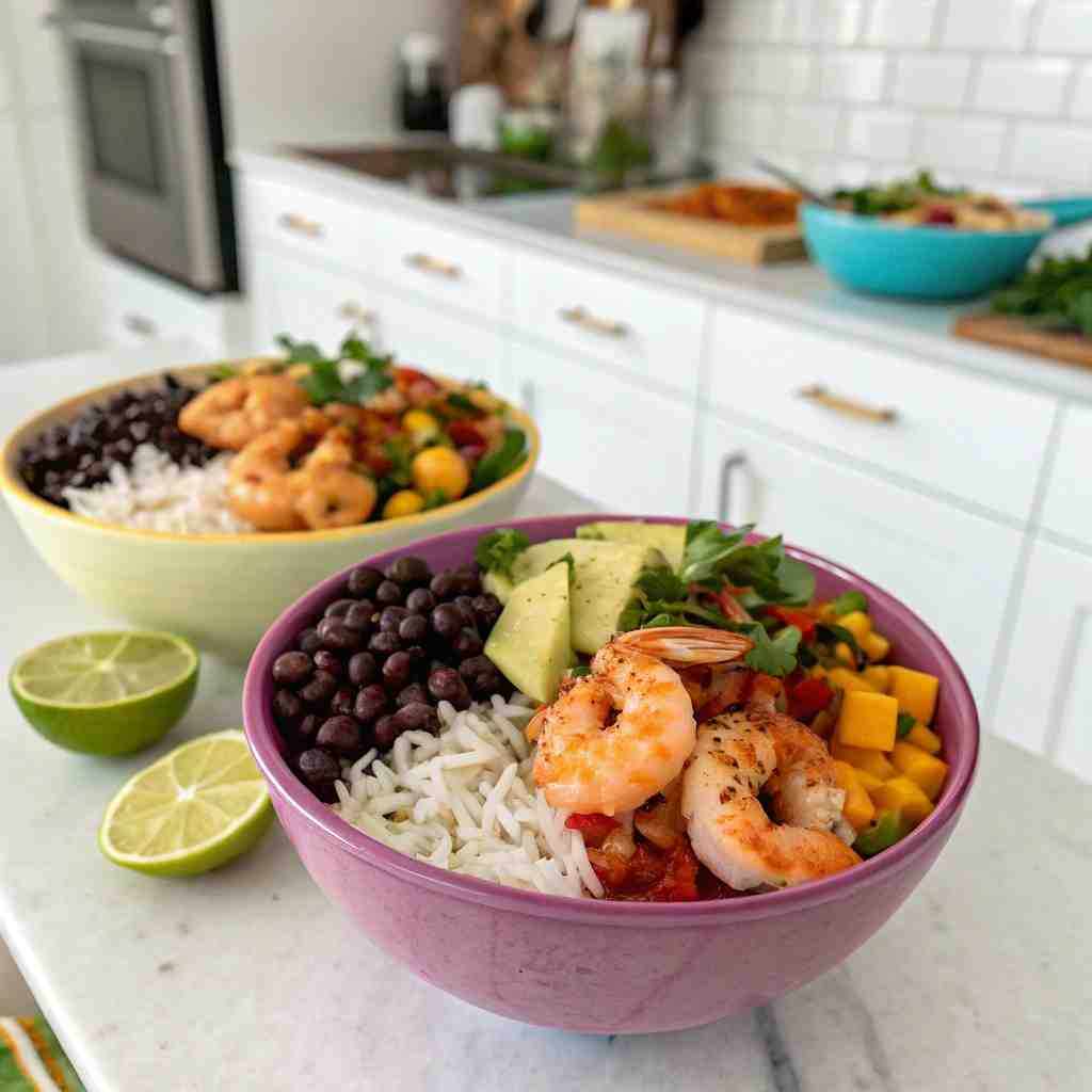 Cajun Shrimp Bowls - colorful crunchy medley with radiant fresh textures with a light drizzle of vinaigrette