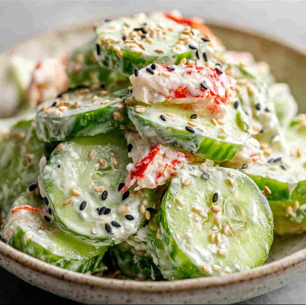 California Roll Cucumber Salad - delicate fresh leaves tossed with vibrant seasonal toppings with fresh cracked pepper and lemon wedges