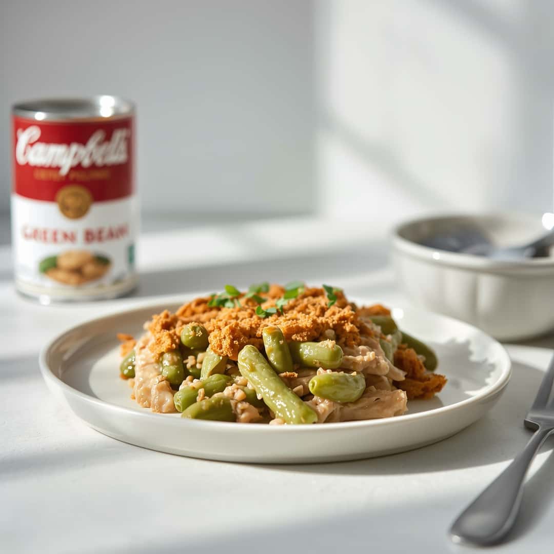 Campbells Green Bean Casserole - beautifully cooked texture with balanced colors and appetizing finish with cracked black pepper and olive oil