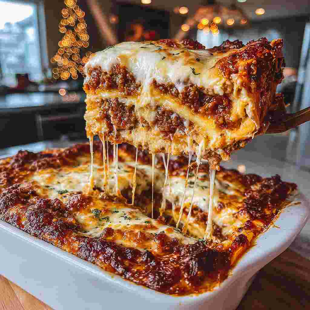 Carnivore Lasagna Recipe - golden baked melted cheese crust with saucy edges with freshly grated Parmigiano-Reggiano and torn basil