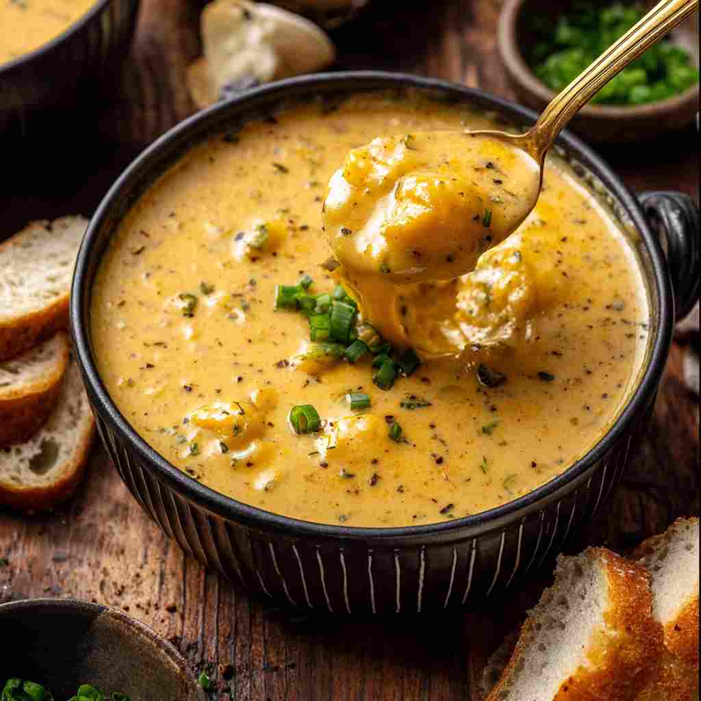 Cheddar Garlic Herb Potato Soup - steaming with a swirl of cream and cracked black pepper