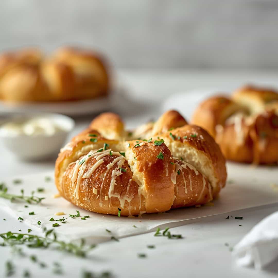 Cheese Garlic Pull-Apart Bread - delicate flaky crust with warm caramelized edges with fresh garden berries and mint