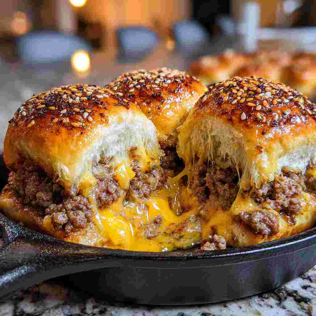 Cheeseburger Sliders Hawaiian Rolls - seared caramelized crust with juicy tender interior with chopped scallions and toasted sesame seeds