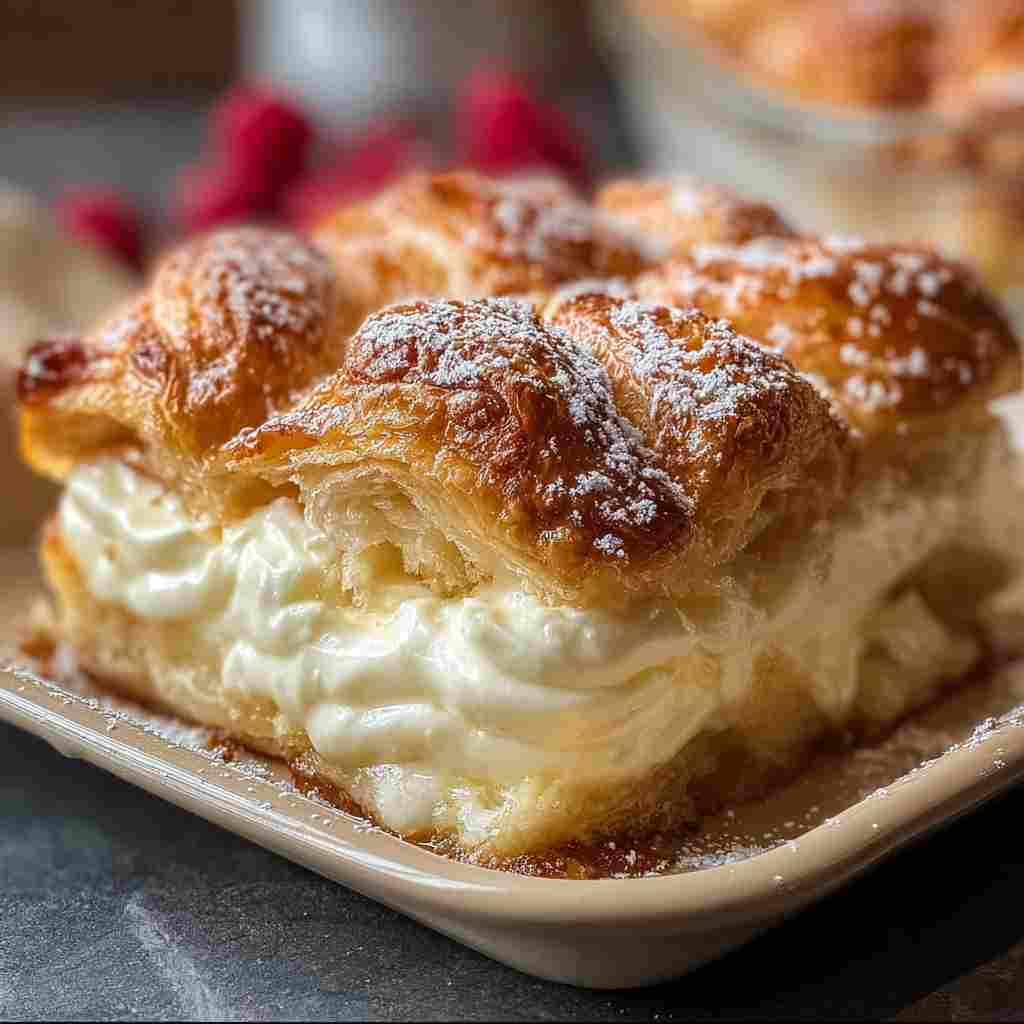 Cheesecake Crescent Rolls Casserole - delicate flaky crust with warm caramelized edges with fresh garden berries and mint