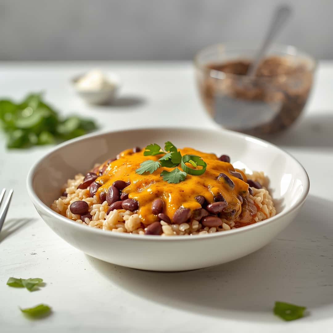 Cheesy black beans and rice - tender with fresh seasonal herbs