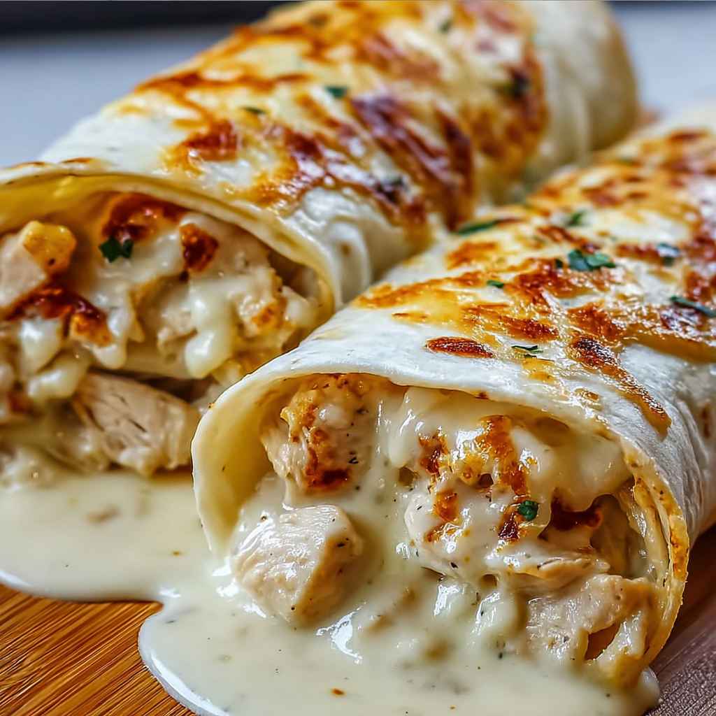 Cheesy Chicken Alfredo Wraps - tender with chopped chives and lemon slices