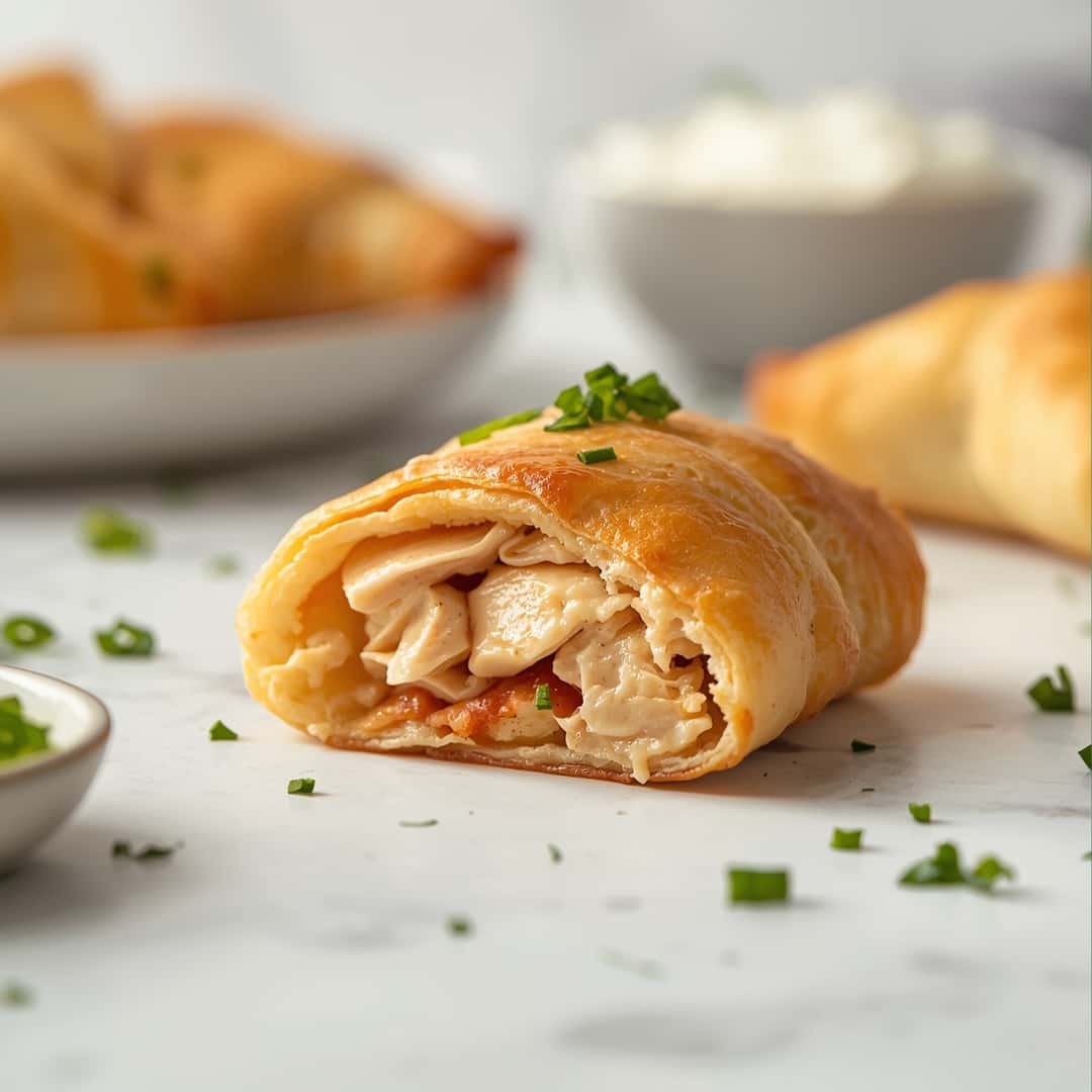 Cheesy Chicken Crescent Roll Recipe - crispy golden skin with aromatic herb seasoning with fresh thyme leaves and roasted garlic cloves