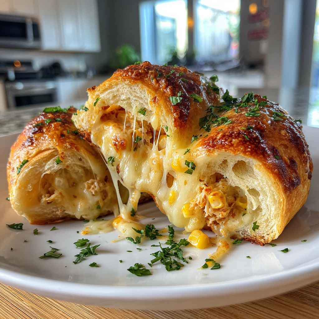 Cheesy Chicken Crescent Rolls - succulent simmered chicken smothered in rich pan sauce with fresh rosemary sprigs and pan drippings