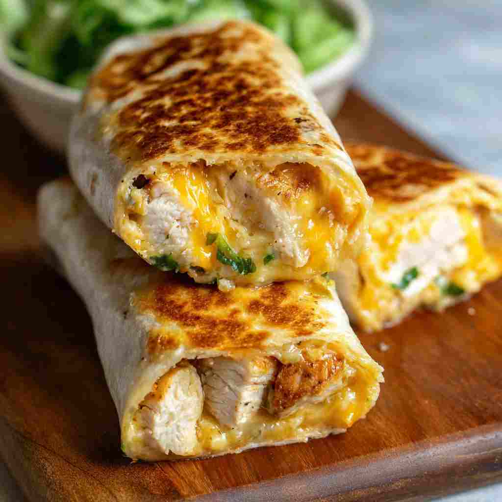 Cheesy Garlic Chicken Wraps - tender with chopped chives and lemon slices