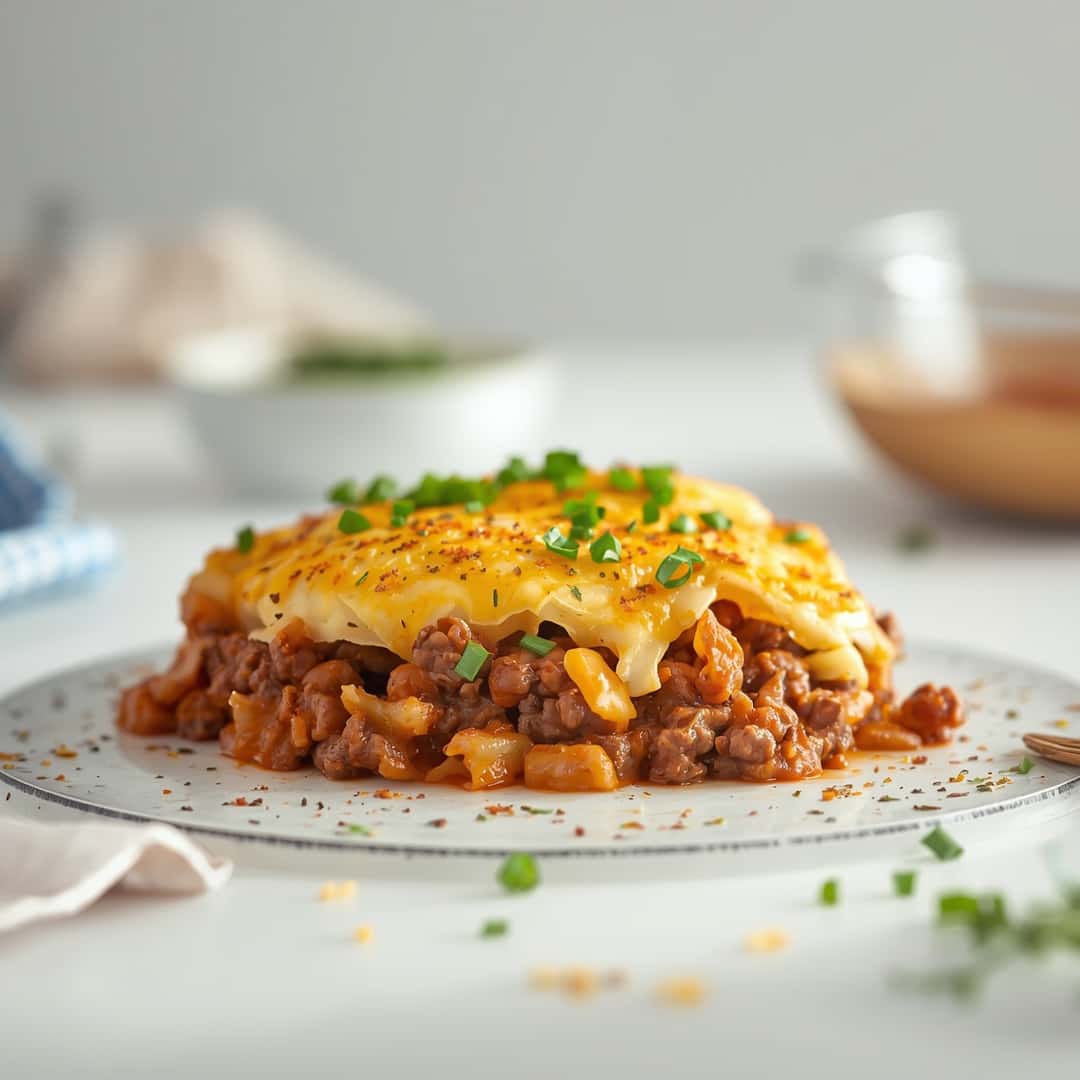 Cheesy Ground Beef Potato Casserole - golden sizzled finish with rich natural juices with flaky sea salt and fresh thyme
