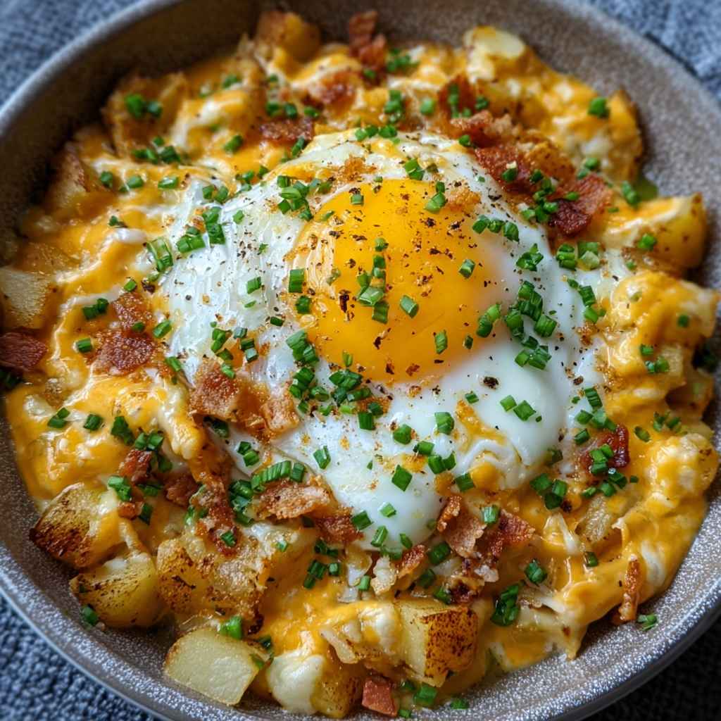 Cheesy Potato Egg Scramble - beautifully cooked texture with balanced colors and appetizing finish with cracked black pepper and olive oil