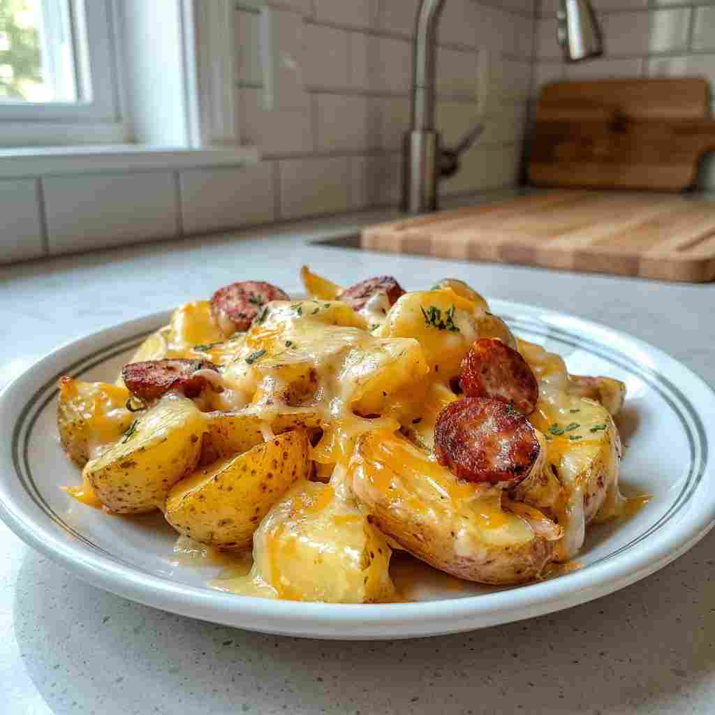Cheesy Ranch Potatoes and Smoked Sausage - golden sizzled finish with rich natural juices with flaky sea salt and fresh thyme