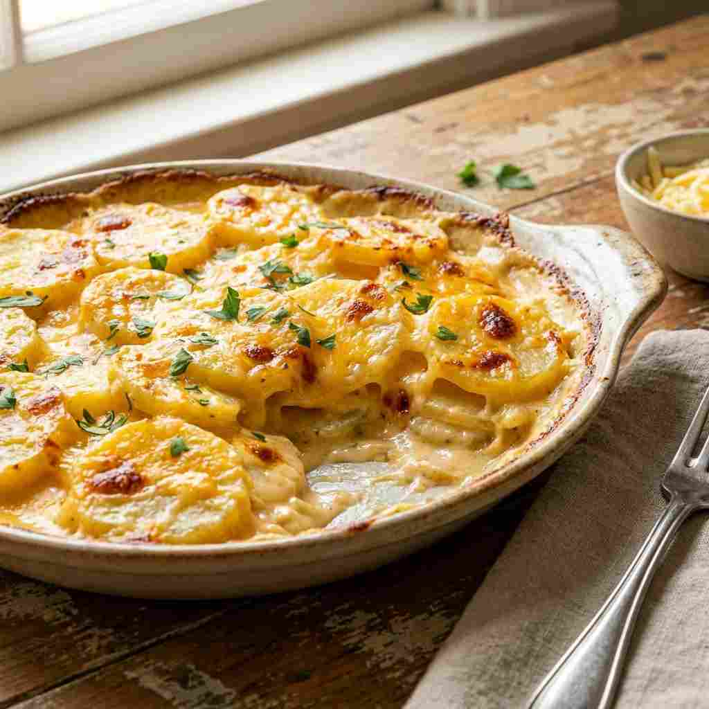 Cheesy Scalloped Potatoes Recipe - homemade dish showcasing wholesome fresh ingredients with microgreens and lemon zest