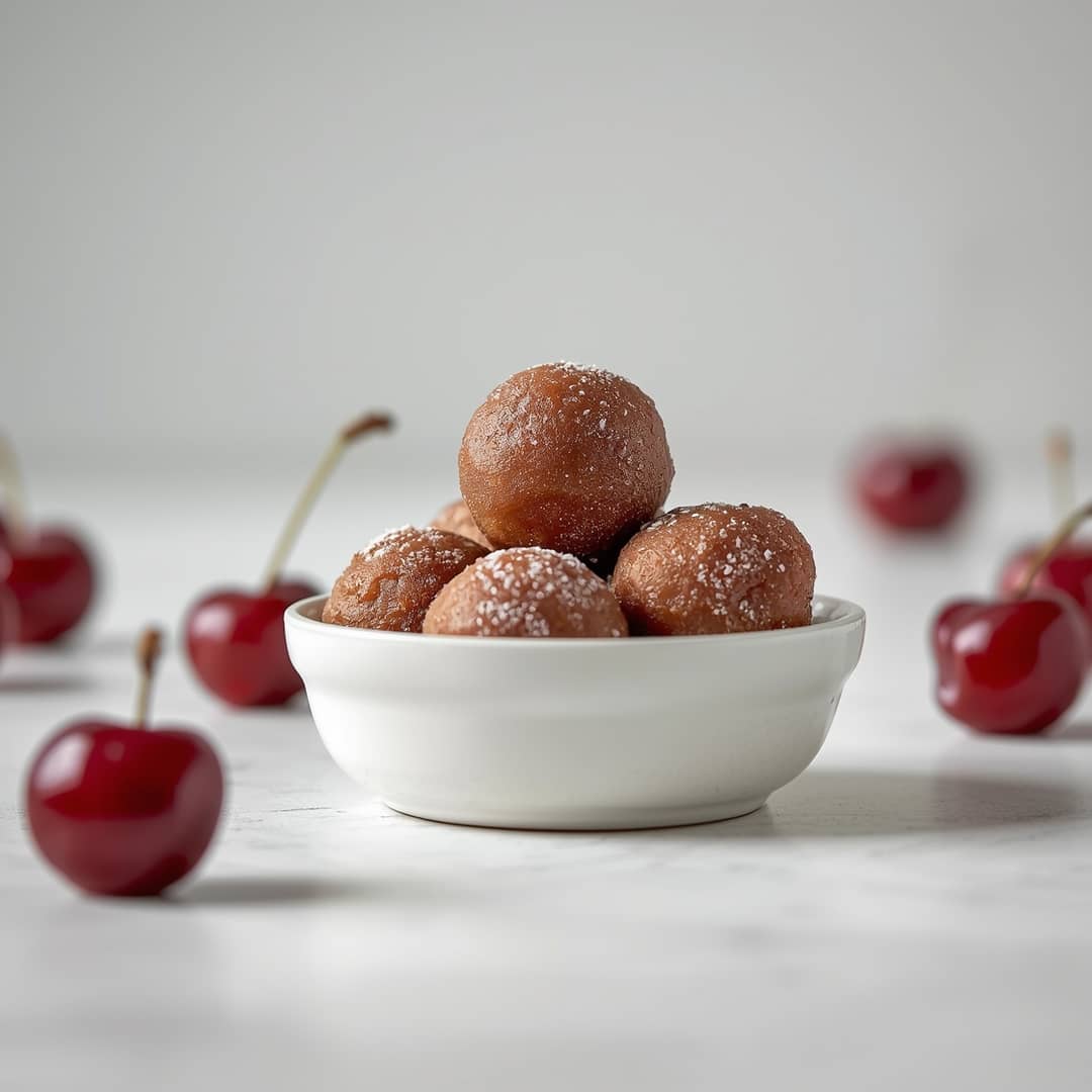 Cherry Bourbon Balls - homemade dish showcasing wholesome fresh ingredients with microgreens and lemon zest