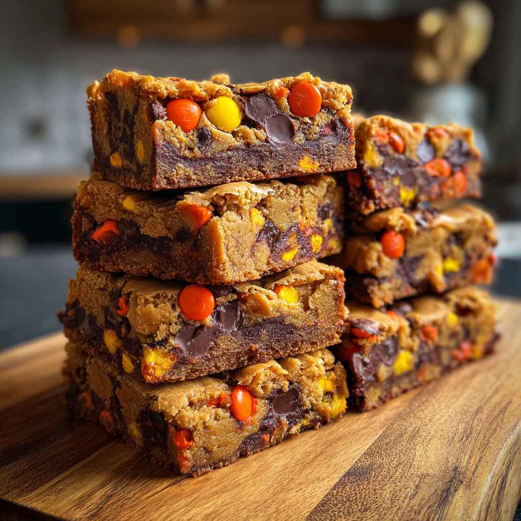 Chewy REESE’s PIECES Peanut Butter Brownies - tender with a light drizzle of sweet glaze