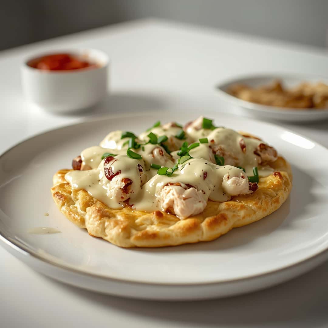 Chicken Alfredo Flatbread - rich velvety layer with crisp golden edges with a delicate dusting of powdered sugar