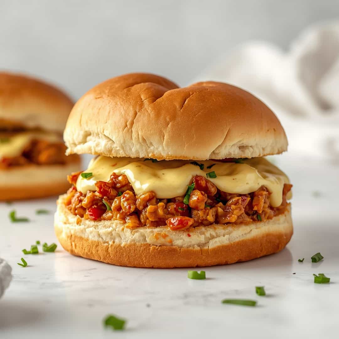Chicken Alfredo Sloppy Joes - crispy golden skin with aromatic herb seasoning with fresh thyme leaves and roasted garlic cloves