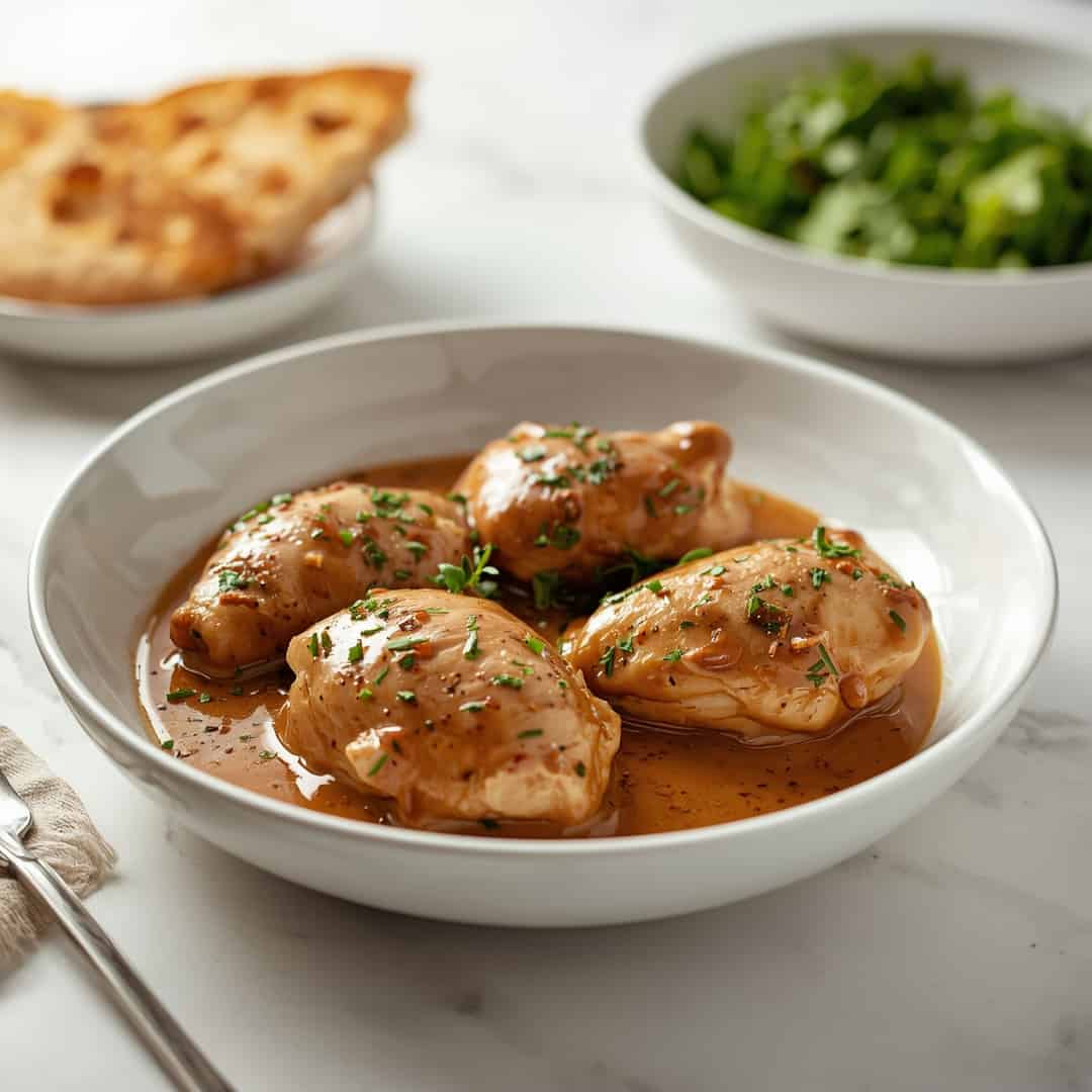 Chicken and Gravy Stovetop - tender with chopped chives and lemon slices