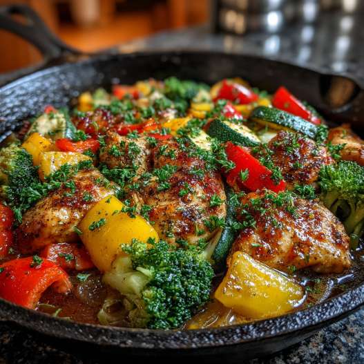 Chicken and Vegetables Skillet - succulent simmered chicken smothered in rich pan sauce with fresh rosemary sprigs and pan drippings