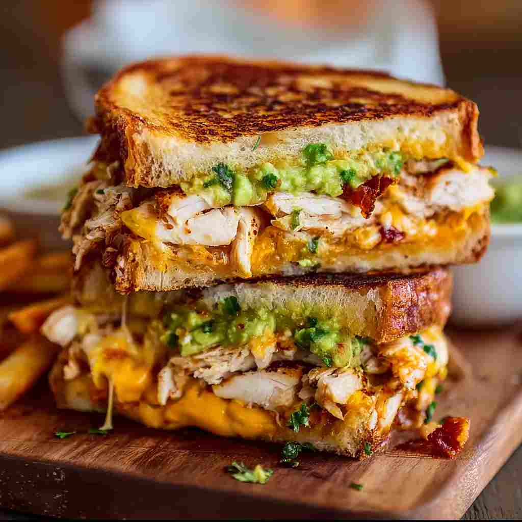 Chicken Avocado Melt Sandwich - crispy golden skin with aromatic herb seasoning with fresh thyme leaves and roasted garlic cloves