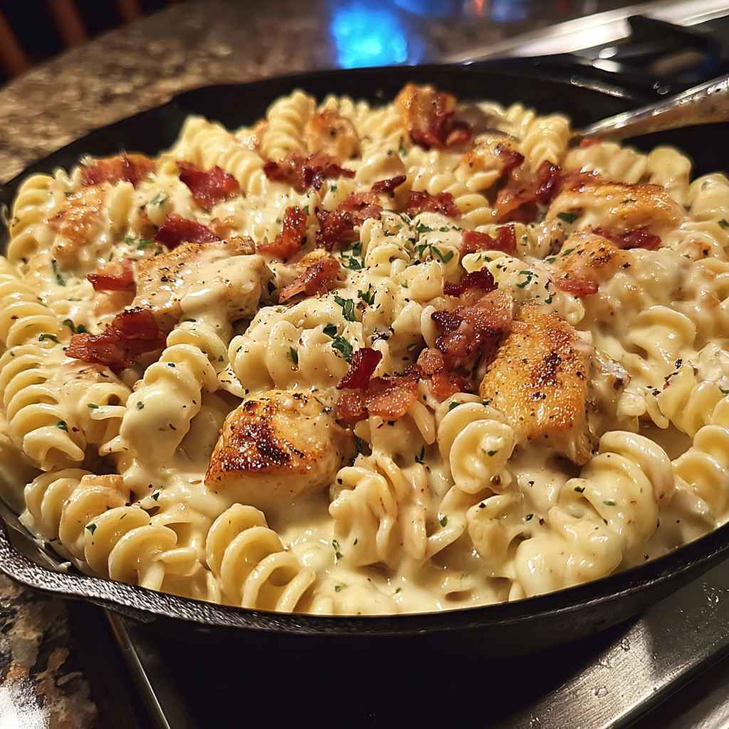 Chicken Bacon Ranch Pasta - al dente pasta ribbons coated in a silky with cracked black pepper and olive oil drizzle