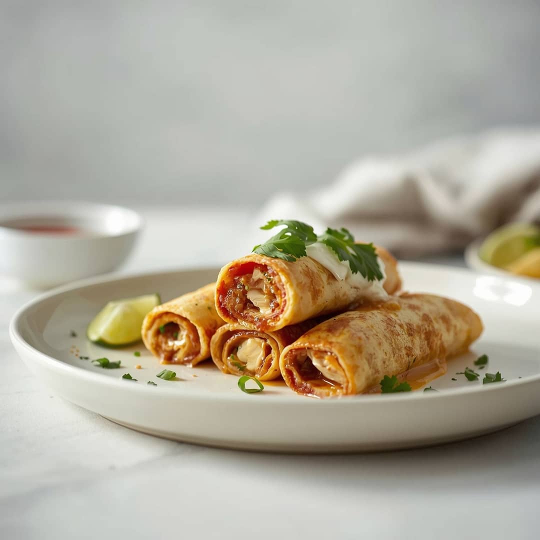 Chicken Chimichangas Recipe - succulent simmered chicken smothered in rich pan sauce with fresh rosemary sprigs and pan drippings