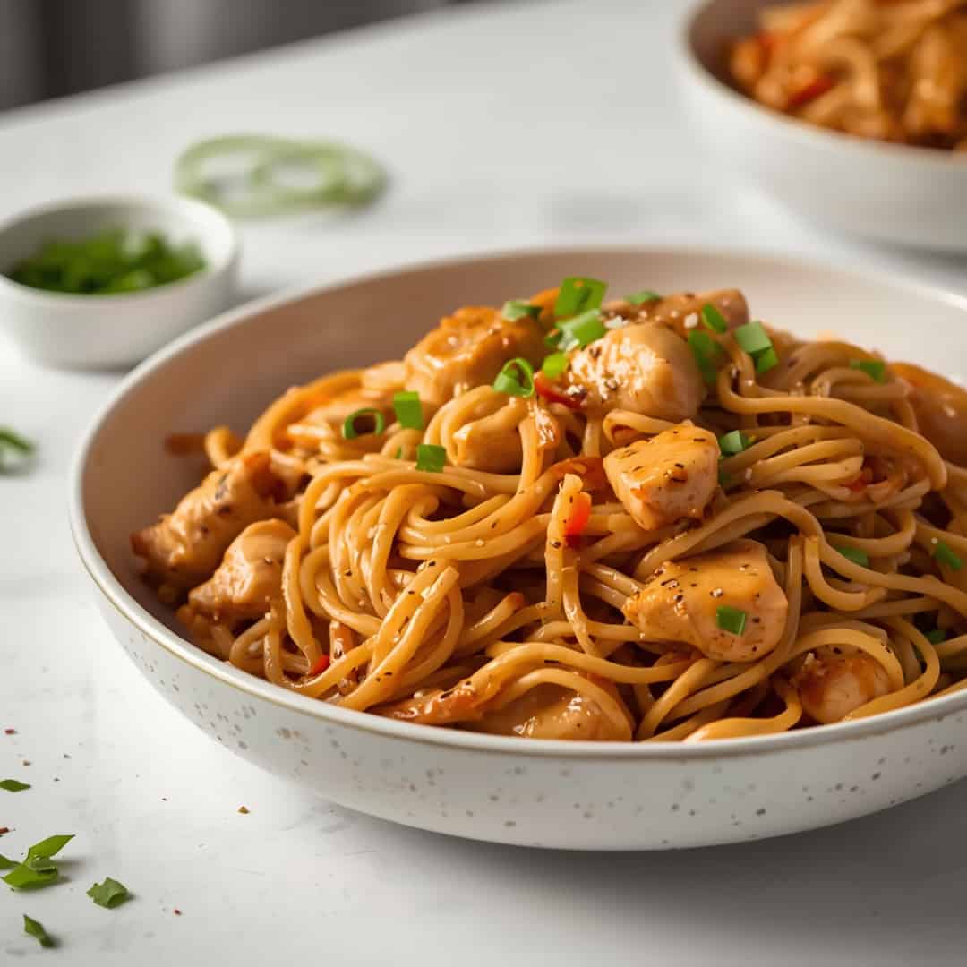 Chicken Chow Mein Recipe - succulent simmered chicken smothered in rich pan sauce with fresh rosemary sprigs and pan drippings