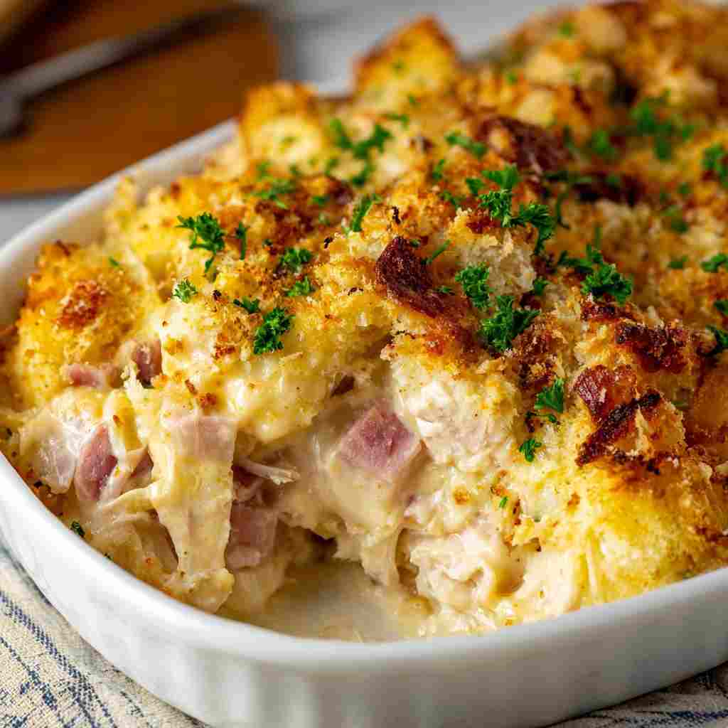 Chicken Cordon Bleu Casserole - succulent simmered chicken smothered in rich pan sauce with fresh rosemary sprigs and pan drippings