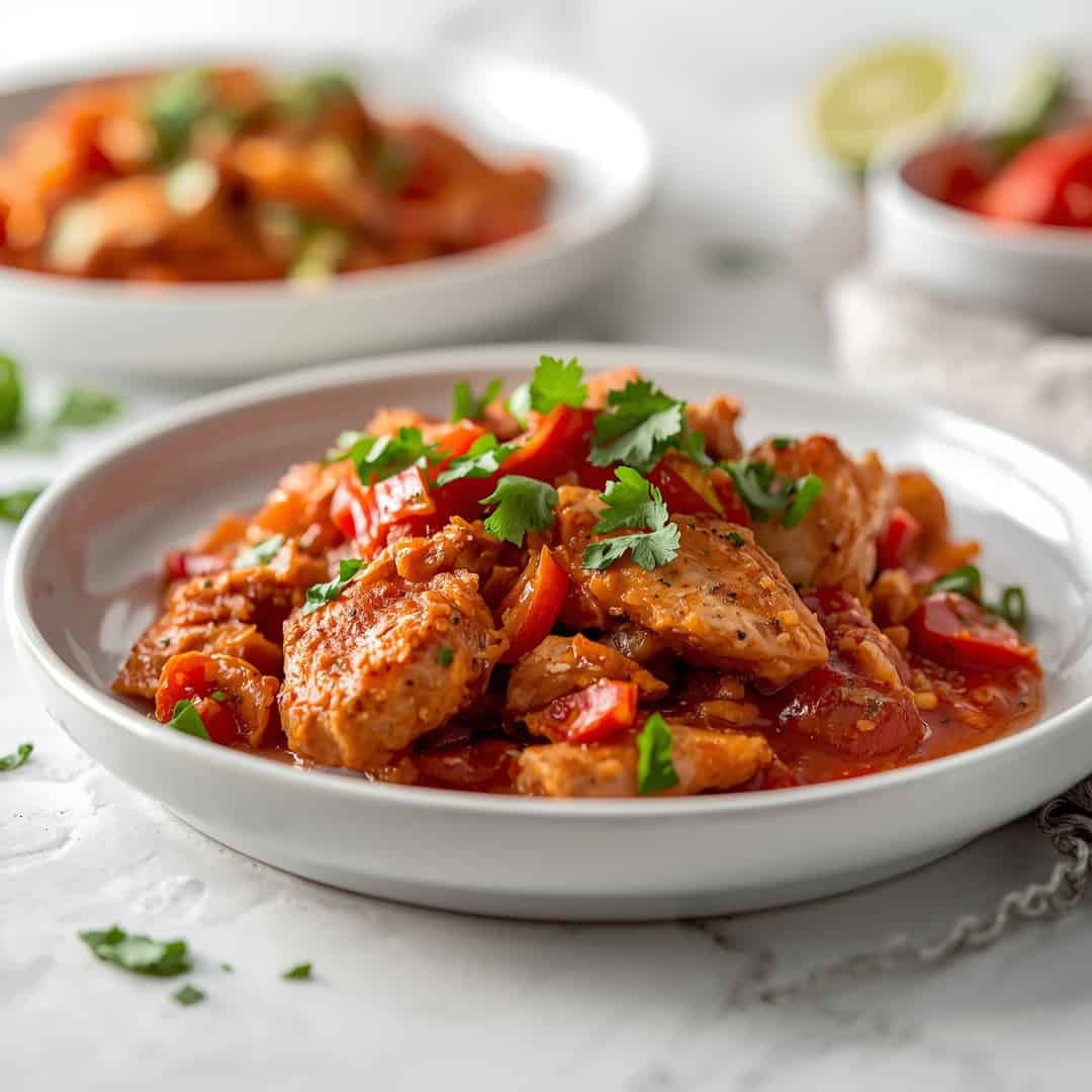 Chicken Fajita Casserole - succulent simmered chicken smothered in rich pan sauce with fresh rosemary sprigs and pan drippings