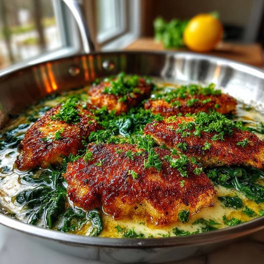 Chicken Florentine - succulent simmered chicken smothered in rich pan sauce with fresh rosemary sprigs and pan drippings