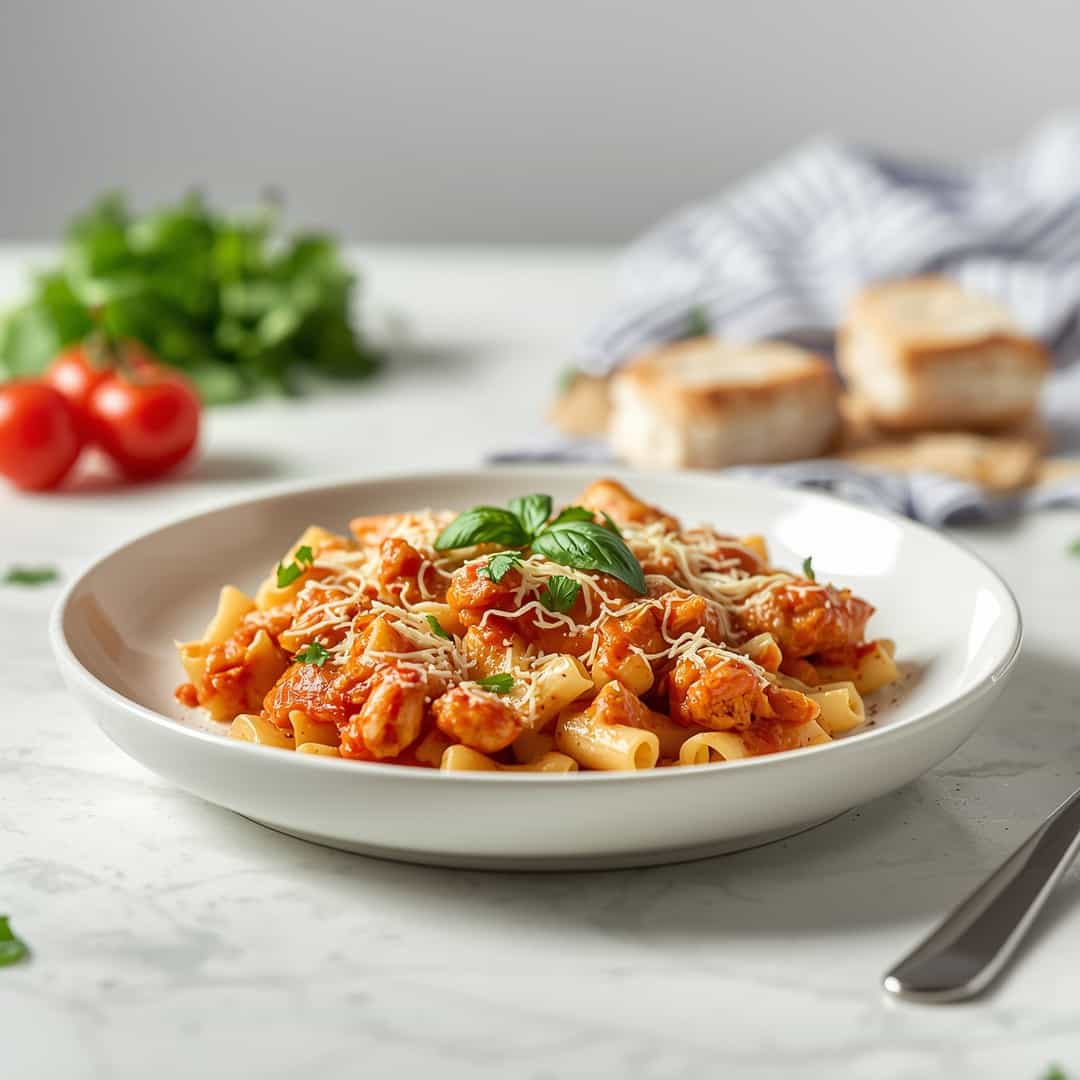Chicken Parmesan Pasta Casserole - tender pasta pockets smothered in rich flavorful sauce with chopped flat-leaf parsley and red pepper flakes