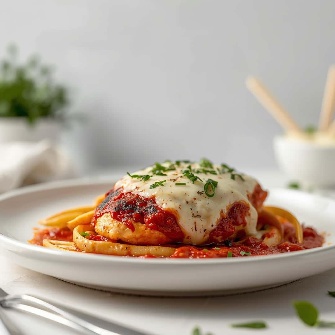 Chicken Parmesan Recipe - crispy golden skin with aromatic herb seasoning with fresh thyme leaves and roasted garlic cloves