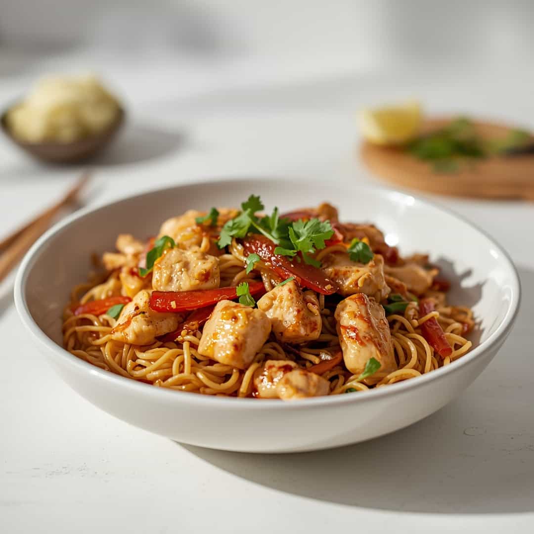 Chicken Ramen Stir Fry - crispy golden skin with aromatic herb seasoning with fresh thyme leaves and roasted garlic cloves