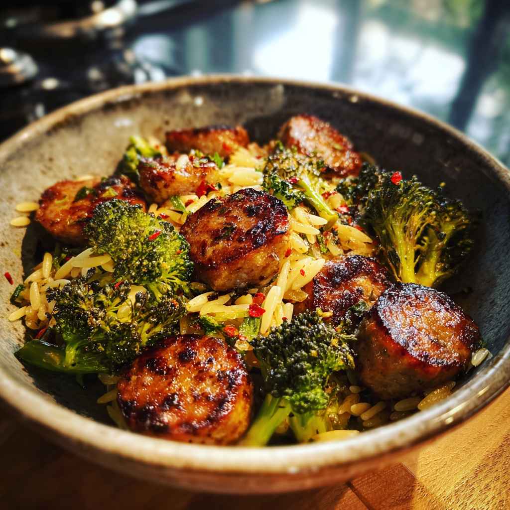 Chicken Sausage and Broccoli Orzo - tender pasta pockets smothered in rich flavorful sauce with chopped flat-leaf parsley and red pepper flakes
