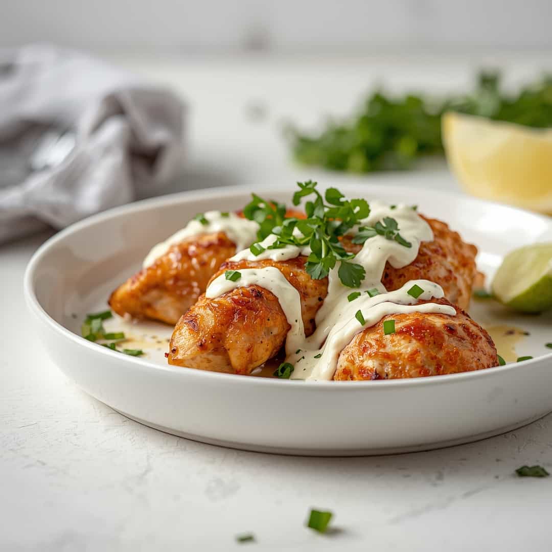 Chicken Shawarma Garlic Sauce Recipe - succulent simmered chicken smothered in rich pan sauce with fresh rosemary sprigs and pan drippings