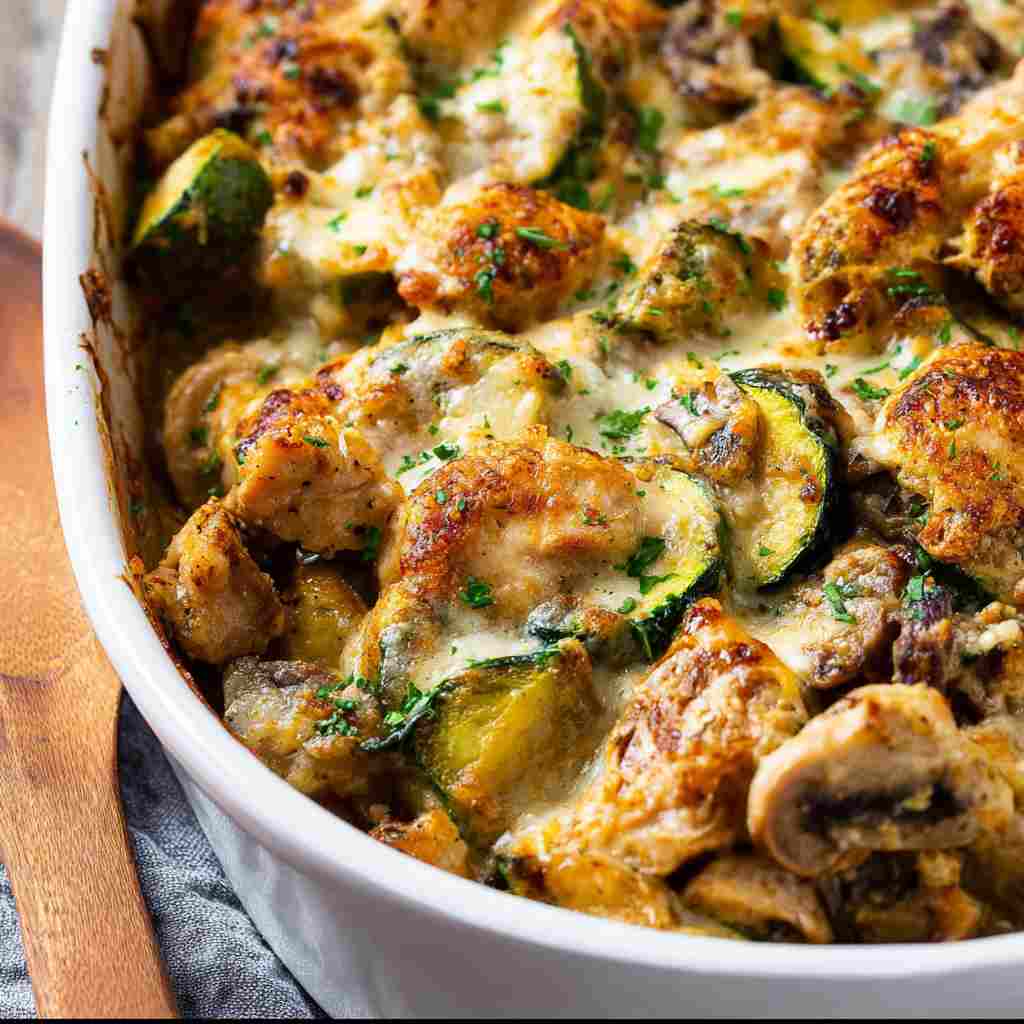 Chicken Zucchini Bake Recipe - crispy golden skin with aromatic herb seasoning with fresh thyme leaves and roasted garlic cloves