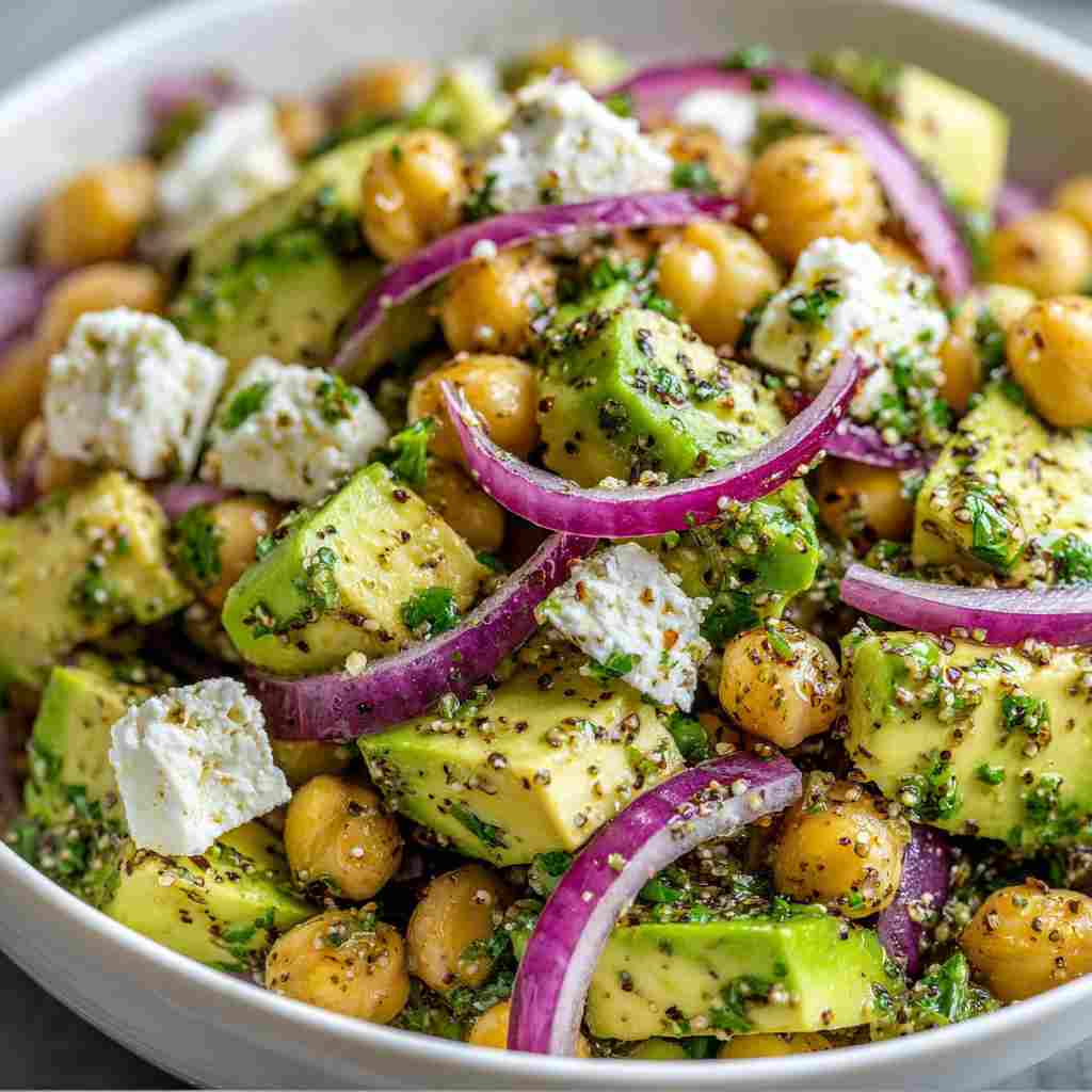 Chickpea Feta Avocado Salad - colorful crunchy medley with radiant fresh textures with shaved radishes and fresh herbs