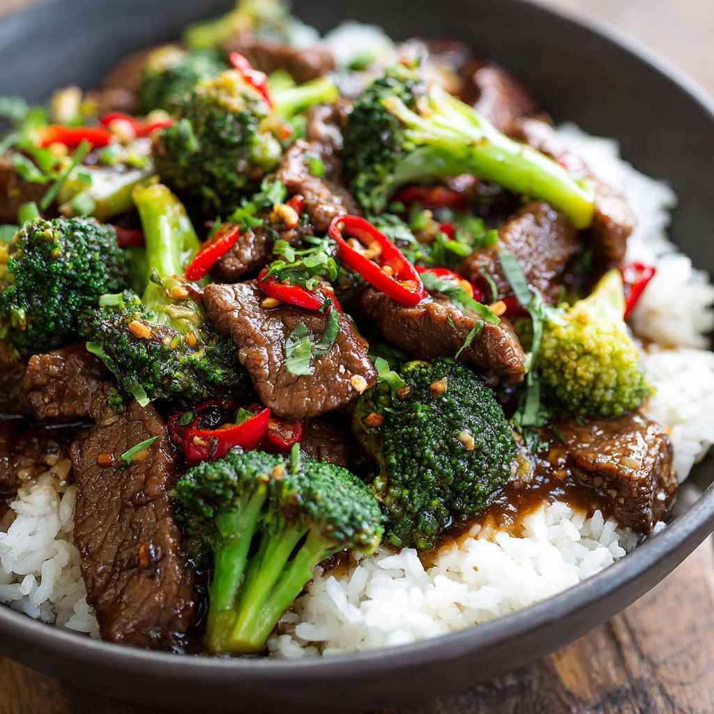 Chinese Beef and Broccoli (One Pan Take-Out) - golden sizzled finish with rich natural juices with flaky sea salt and fresh thyme