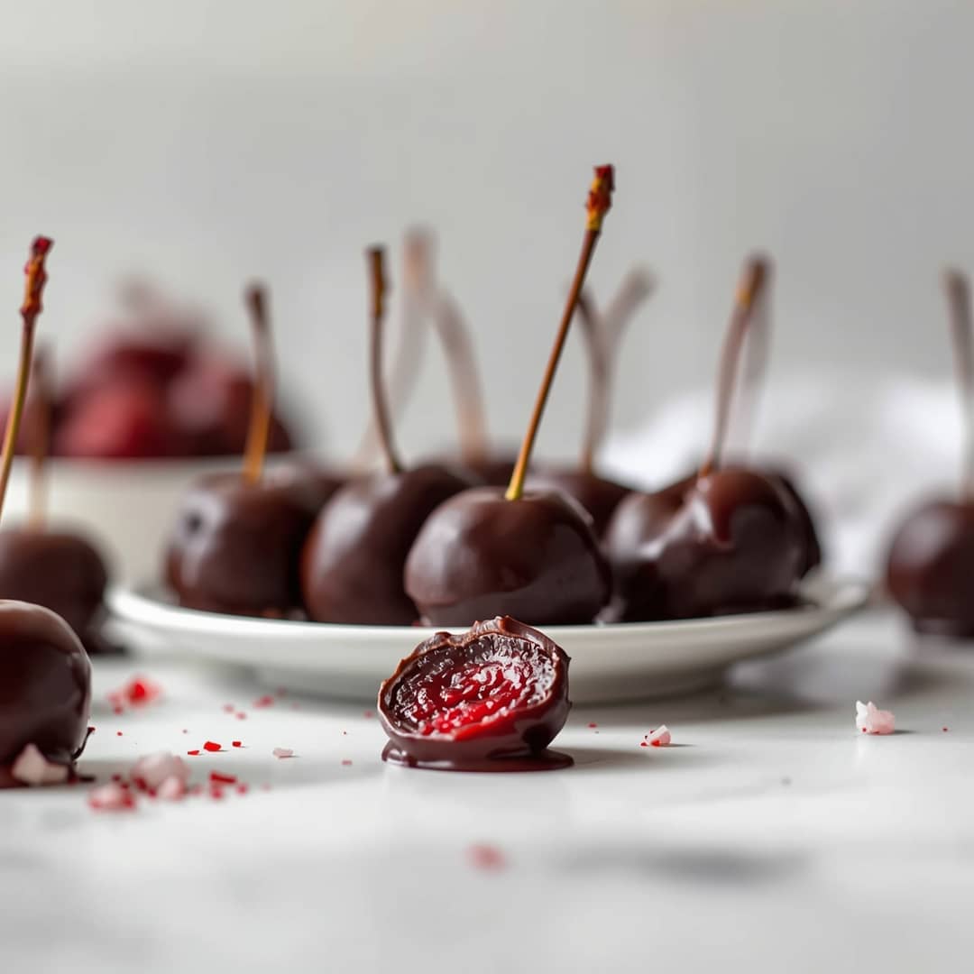 Chocolate Covered Cherries - beautifully cooked texture with balanced colors and appetizing finish with cracked black pepper and olive oil