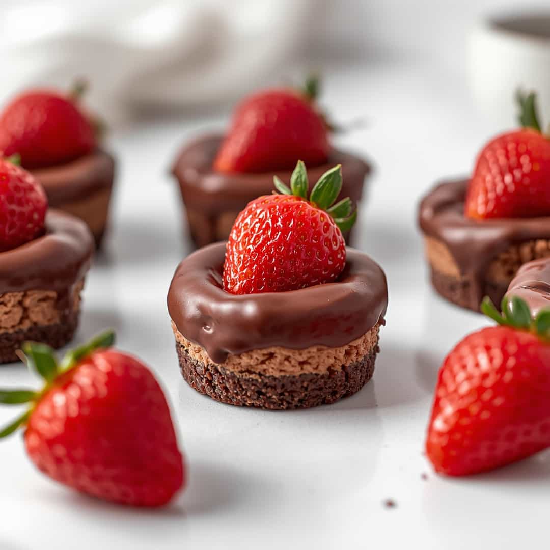 Chocolate Dipped Strawberry Mini Cheesecakes - rich velvety layer with crisp golden edges with a delicate dusting of powdered sugar
