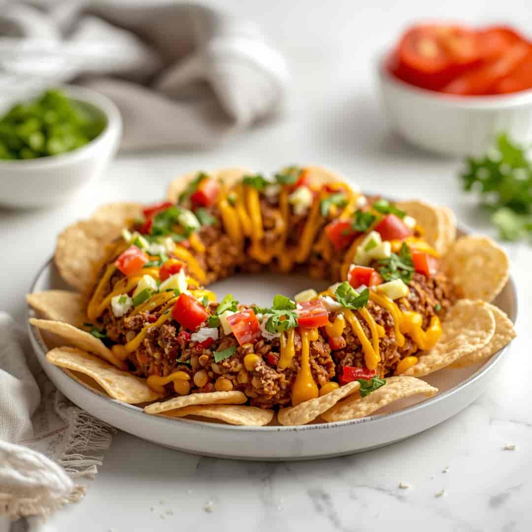 Christmas Taco Cheese Ball Wreath - homemade dish showcasing wholesome fresh ingredients with microgreens and lemon zest