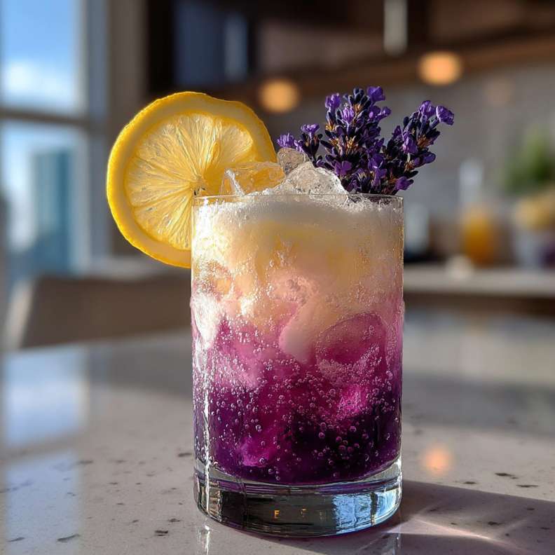 Coconut Lavender Lemonade Mocktail Recipe - frosted condensation with fresh sliced strawberries on the glass rim