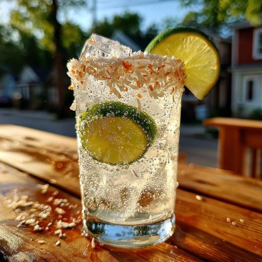 Coconut Spritz - frosted condensation with a festive straw and lime wedge