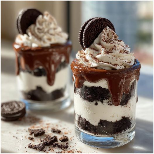 Cookies & Cream Dessert Cups - chewy soft-baked center and crisp edges with drizzled melted chocolate
