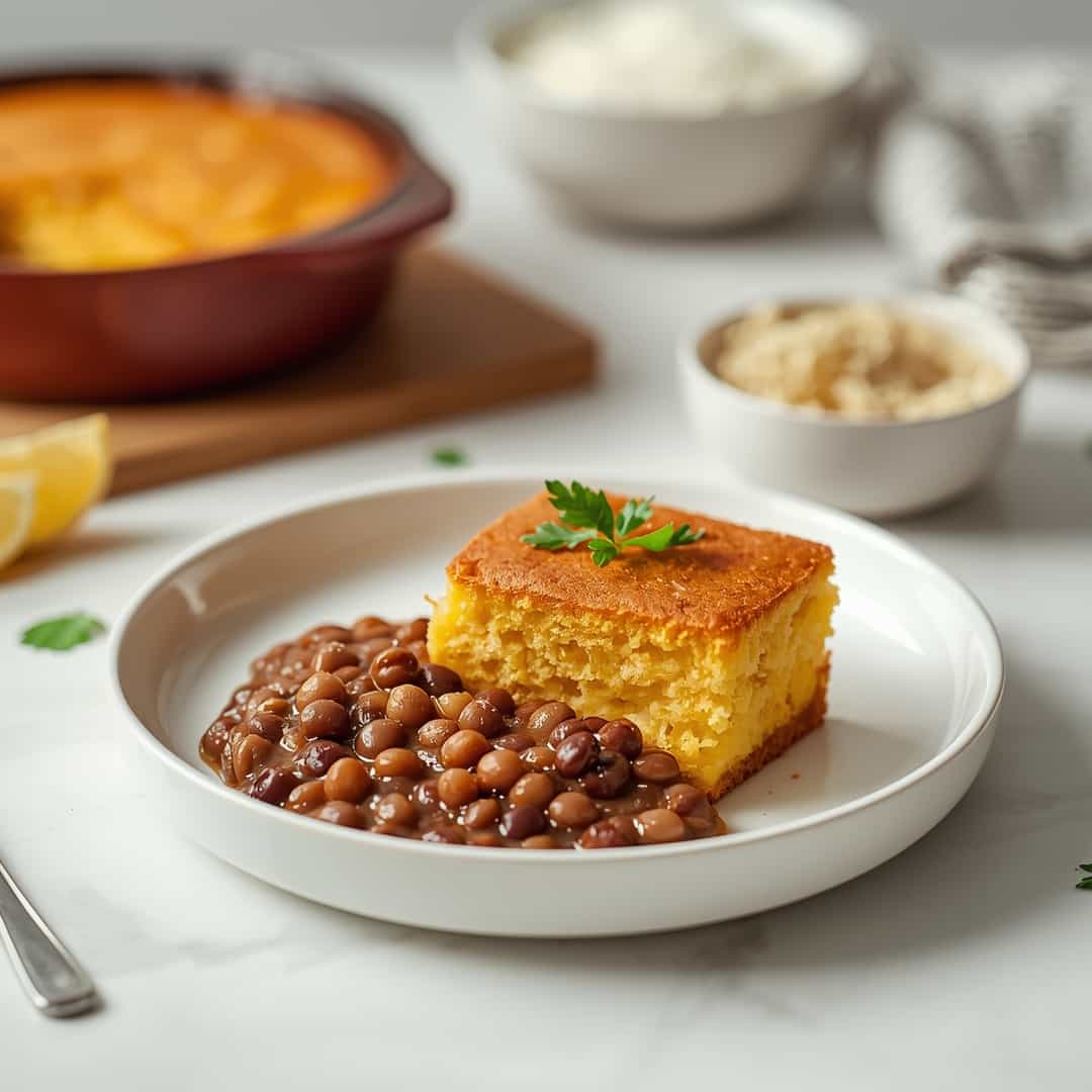 Cornbread and black eyed peas - delicate flaky crust with warm caramelized edges with fresh garden berries and mint