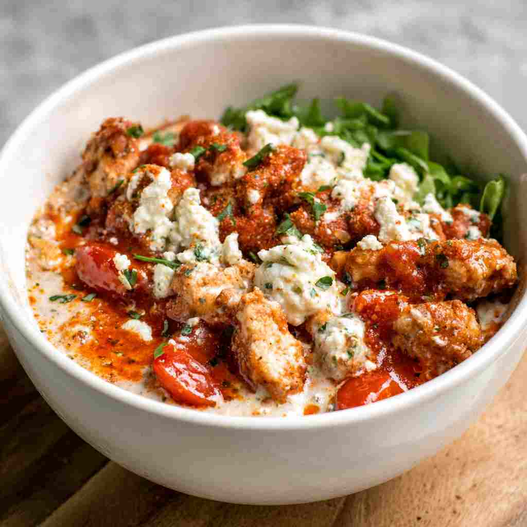Cottage Cheese Chicken Parm Bowl - colorful crunchy medley with radiant fresh textures with shaved radishes and fresh herbs