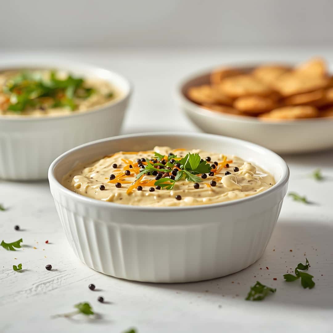Cowboy caviar dip - crispy golden exterior with warm flavorful filling with toasted sesame seeds and dipping bowl